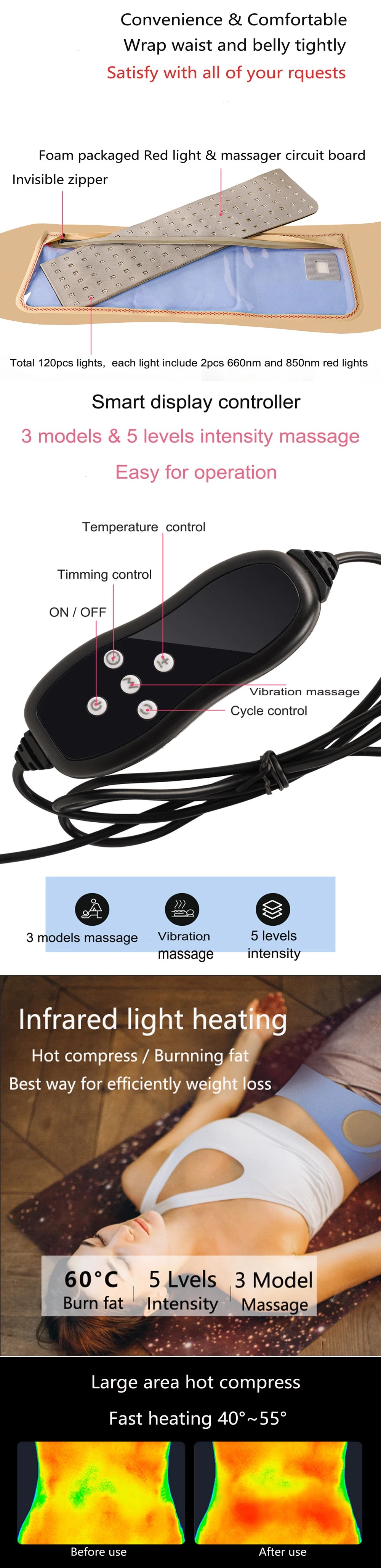 New Fashion Vibration Weight Loss 660nm 850nm Infrared Red Light Therapy Slimming Belt Body Massager